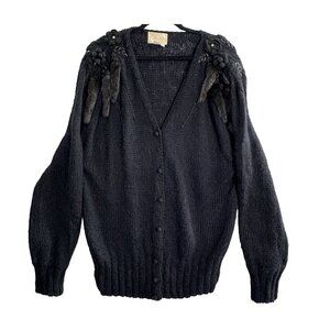 Vtg RELIN Women Faux Fur Tassels Button Front V Neck Cardigan Sz L Black 94-9